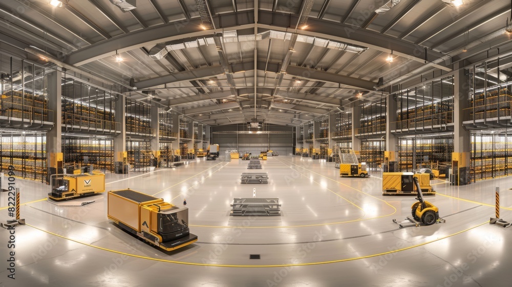 Poster modern logistics warehouse with automated robots and guided vehicles for efficient inventory managem