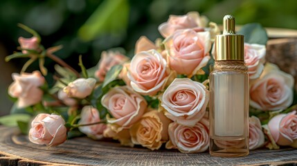 Rose essence bottle with bouquet of pink roses
