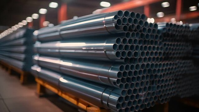 Steel pipes bunch on the rack in large warehouse , Stainless pipes in stack for shipment