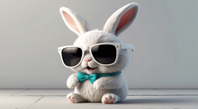 A cheerful bunny with large sunglasses, white background, 3d rendering funny illustrated animal