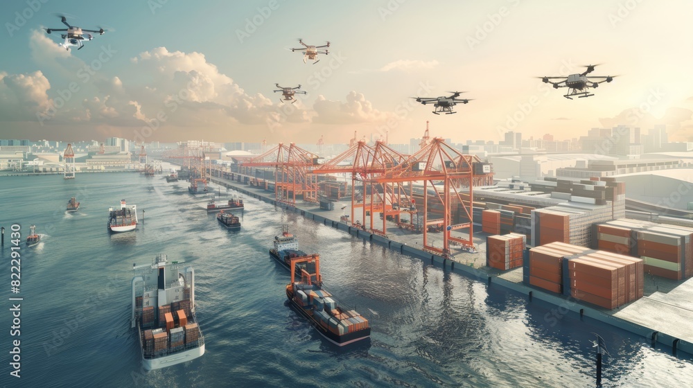Aufkleber futuristic logistics hub with automated cranes and drones handling cargo - envisioning the future of