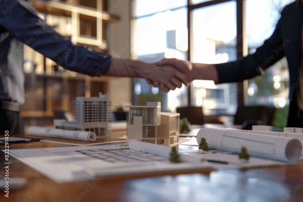 Poster architects and engineers shaking hands over blueprints and project models in modern office setting