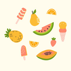 Handdrawn composition of floating summer fruits and desserts.