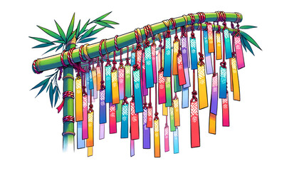 Traditional Tanabata decorations with colorful paper strips