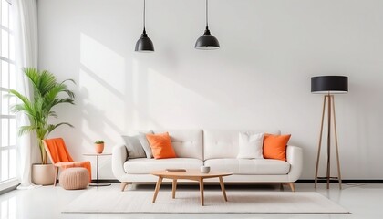 Bright and cozy modern living room interior have sofa and lamp with white wall background created with generative ai