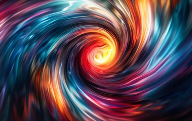 Fototapeta premium A vibrant swirl of color dominates the image, with a bright yellow center. The colors blend and blur together, creating a hypnotic effect.