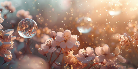 Blossoming Cherry Flowers with Sparkling Bokeh in Golden Hour Light