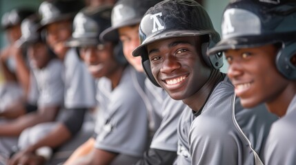 Motivation and confidence for competition, happy man, baseball player and team sports photo. Smile pro athlete waiting on bench with group for performance, outdoor match, and training.