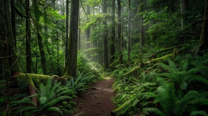 Fototapeta premium Trees, plants, and light in a forest for sustainability and flora. Peace, ai-generated scene with meadow route in countryside forests for flora, paradise, or wilderness