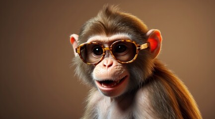A cheerful monkey with large sunglasses, brown background, 3d rendering funny illustrated animal