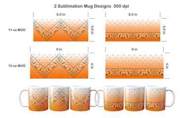 2 orange ombre paisley bandana patterns. Sublimation templates for 11 oz and 15 oz coffee mug. Sublimation illustration.