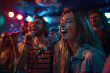 Friends having a karaoke session, singing their favorite songs, woman singing to the microphone