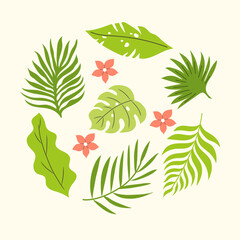 Handdrawn composition with flying palm leaves and plumeria.