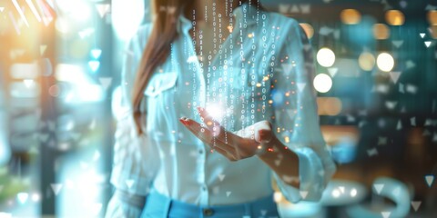 Business person, palm, and global hologram for global connection, cybersecurity growth, or blue data overlay, globe or planet earth in employee hands for tech or integrated software development.