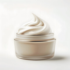 Opened cosmetic white cream jar isolated on white background