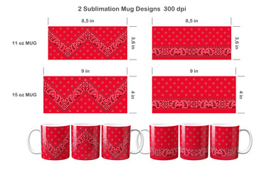 2 red paisley bandana patterns. Sublimation templates for 11 oz and 15 oz coffee mug. Sublimation illustration.