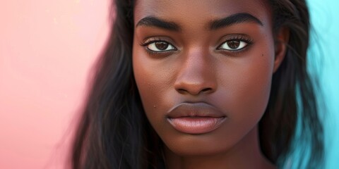 Fototapeta premium Think, hair, woman, cosmetics, growth, and dermatology on a pink studio background. Volume, aesthetic, luxury, cosmetics, natural beauty, and healthy skin in people and women