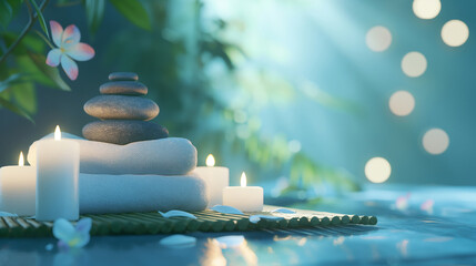 Spa Concept - Massage Stones With Towels And Candles In Natural Background