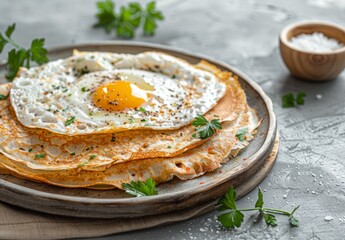 Homemade buckwheat crepes, known as galettes bretonnes, topped with cheese and a fried egg, set against a gray background, showcasing traditional French cuisine.