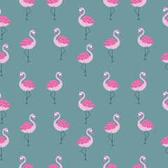 Handdrawn tropical pattern with flamingo on blue background. Vector seamless design.