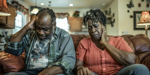 Obraz premium Fight, divorce and sad with old couple on sofa for problem marriage, mental health and difficult. Elderly man and wife in living room for melancholy and anger