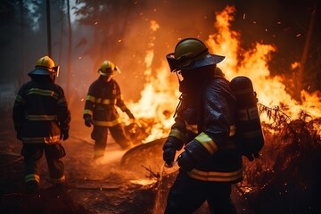 A team of firefighters fights a huge fire. A fireman in uniform extinguishes a burning building.