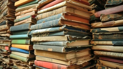A large stack of vintage books with worn covers and bindings, arranged in an orderly pile showing their aged and used condition.