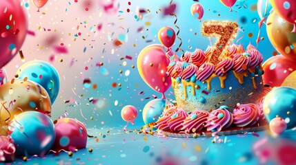 Vibrant 7th Birthday Celebration Banner Featuring Colorful Cake, Balloons, and Sparkling Confetti - Perfect for Party Invitations and Decorations