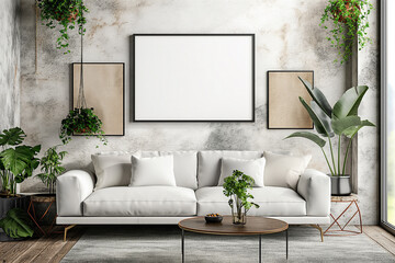 A white frame with a blank canvas against a light wall and on a wooden tabletop with vase. Layout concept for photography, poster or painting. Copy space.