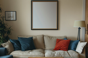 Fototapeta premium A white frame with a blank canvas against a light wall and on a wooden tabletop with vase. Layout concept for photography, poster or painting. Copy space.