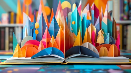 Craft popup book scenes with geometric shapes and colorful frequencies, inviting exploration.
