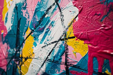 Fototapeta premium Abstract oil painted art of vivid color in pink, blue, and yellow with brush stroke and color splash wallpaper or background.