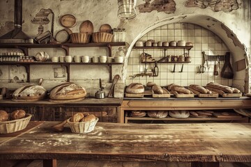 Vintage European Bakery with Traditional Baking Tools and Rustic Architecture - Perfect for Historical and Culinary Designs