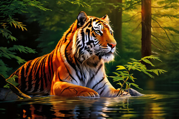 a tiger lying on the water generative ai