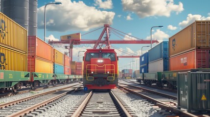 Obraz premium a train with container freight stands at the industrial railway station