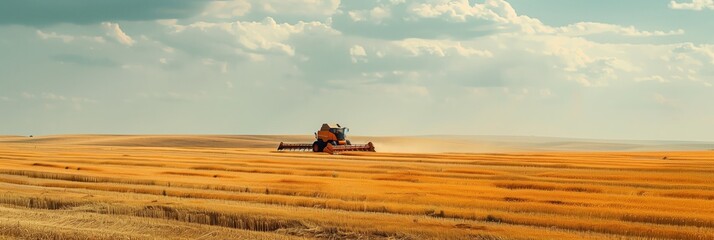 a farmer harvests ripe grain in a large field with a tractor