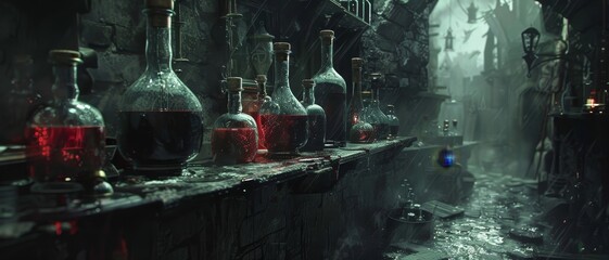 Dark and eerie laboratory scene with glass bottles of red liquid and a mysterious, foggy atmosphere. Perfect for horror and fantasy themes.