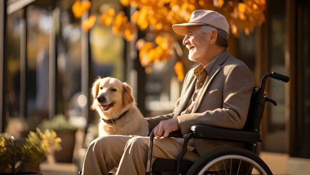 Lonely senior man in a wheelchair with dog in nursing home looking out the window
