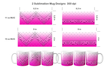 2 pink ombre paisley bandana patterns. Sublimation templates for 11 oz and 15 oz coffee mug. Sublimation illustration.