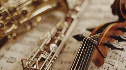 Naklejka premium Various musical instruments lie on sheet music of a symphony