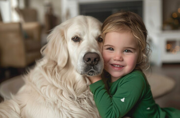 A little girl in green is hugging her white golden retriever dog, both smiling and looking happy at home