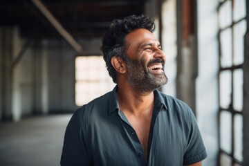 Portrait of a happy indian man in his 40s laughing isolated on empty modern loft background