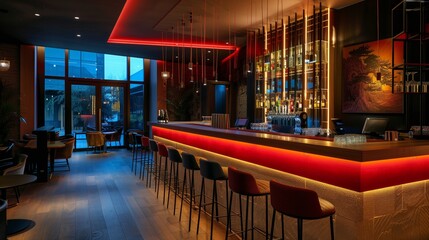 a cosy, modern and stylishly illuminated luxury bar in restaurant