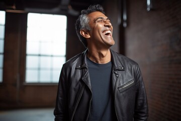 Portrait of a happy indian man in his 40s laughing in front of empty modern loft background