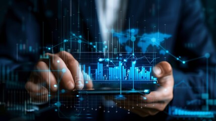 Businessman uses a mobile smartphone to transfer data to a digital network