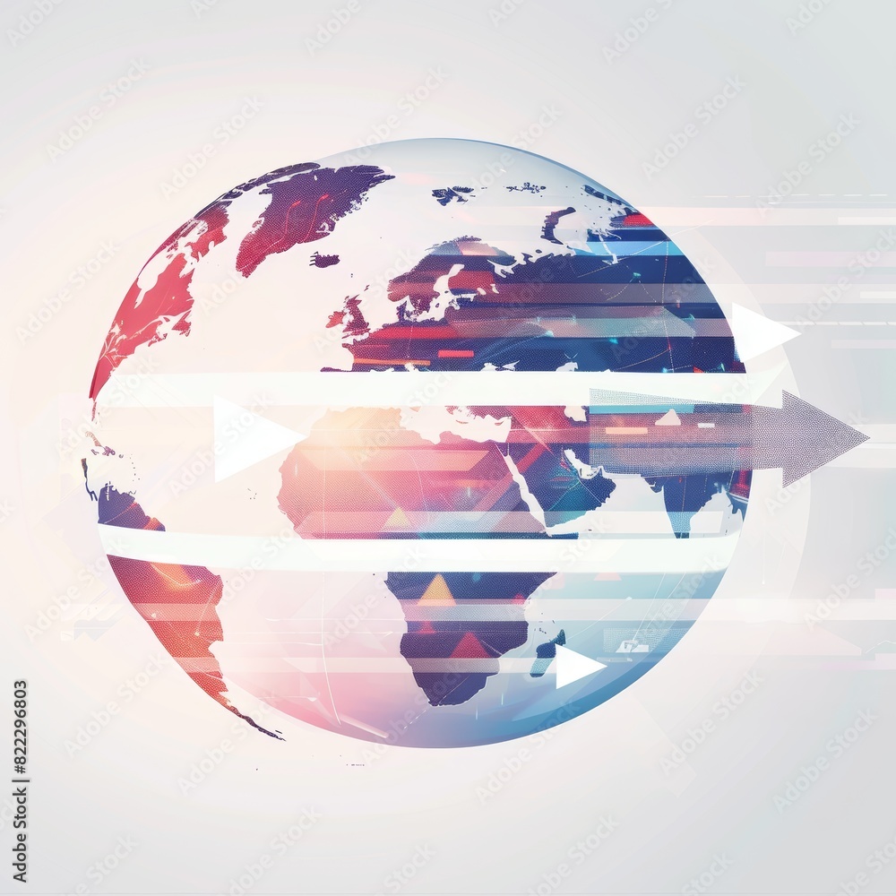 Poster abstract design symbolizing global logistics with overlapping transparent arrows across a globe - fl