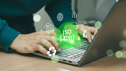 ISO 14001 concept. ISO standards quality control 14001 certified for environmental management...