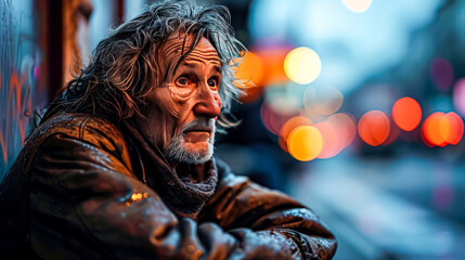 Obraz premium A portrait of a homeless man sitting on a wet street, highlighting the struggle and resilience of those facing homelessness, urging for empathy and assistance.