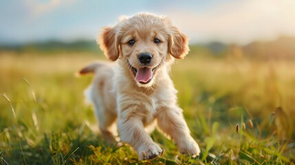 A small golden retriever puppy is running through a field of grass