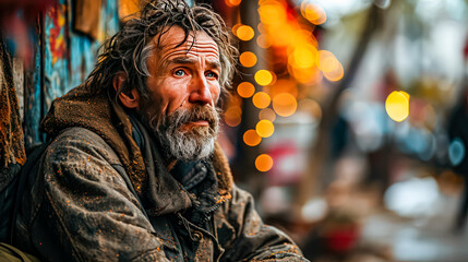 Obraz premium A portrait of a homeless man sitting on a wet street, highlighting the struggle and resilience of those facing homelessness, urging for empathy and assistance.